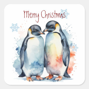 Jul Cute Watercolor Penguin Couple Animals Fyrkantigt Klistermärke