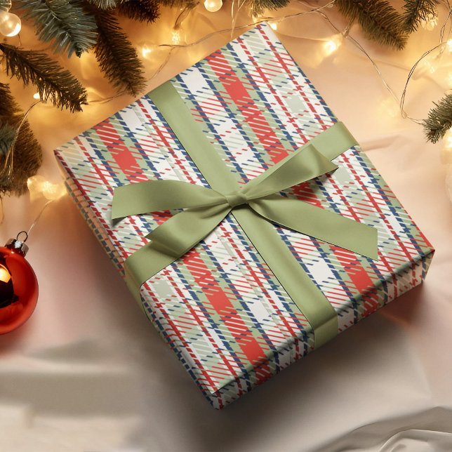Jul Cute Winter Red Grönt Play Mönster Presentpapper (Classic red and green plaid Christmas gift wrap with ribbon and festive holiday decor)