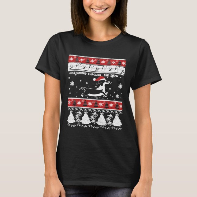 Jul Dachshund genom Snö T Shirt (Framsida)