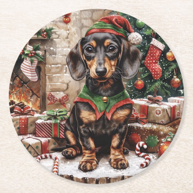 Jul Dachshund Hundar Elf Underlägg Papper Rund (Framsidan)