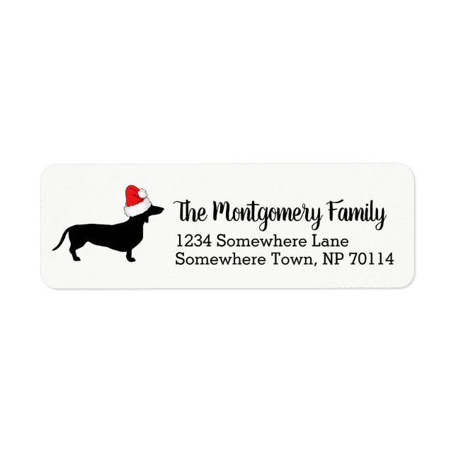 Jul Dachshund med Santa Hat & Family Namn Returadress Etikett (Framsidan)