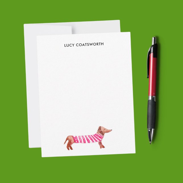 Jul Dachshund Monogram Cute Boho Hund älskare Anteckningskort (This dachshund note card features my own watercolor drawing of a cute dog in a sweater.)
