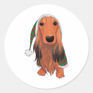 Jul Dachshund - Röd långhårig Runt Klistermärke
