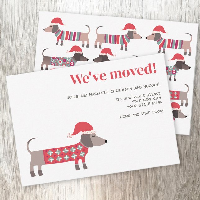 Jul Dachsund Hund Flytta Announcement Meddelande (Fun Dachshund Wiener Sausage Dog holiday moving announcement change of address with custom text)