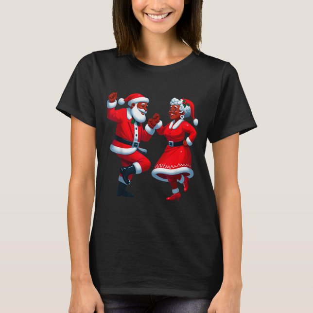 Jul Dansande Svart Afroamerikansk Tomte Fru T Shirt (Framsida)