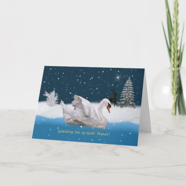 Jul danskaspråk, snöig natt med svanen helgkort (Framsida)