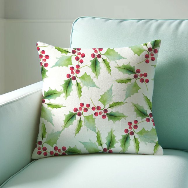 Jul Dekorativ kudde Watercolor Holly Berry (Christmas throw pillow watercolor red and green holly by Victoria Grigaliunas Do Tell A Belle)