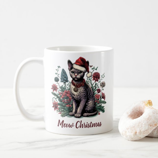 Jul Devon Rex Cat: Santa Hat and Flowers Kaffemugg (Med munk)