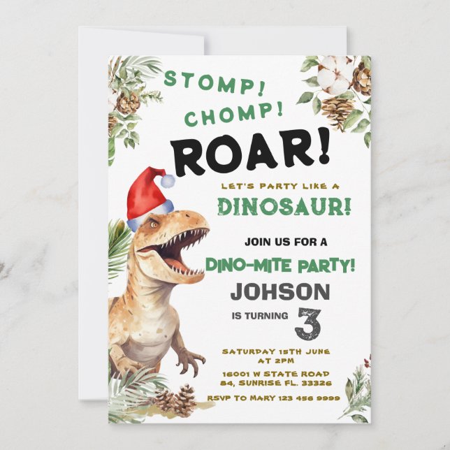 Jul Dino Stomp Chomp Roar Birthday Inbjudningar (Framsida)