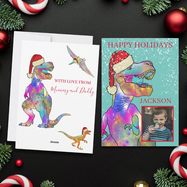 Jul Dinosaur Anpassad Bild Julkort (Dinosaur christmas custom photo holiday card with T-Rex santa)