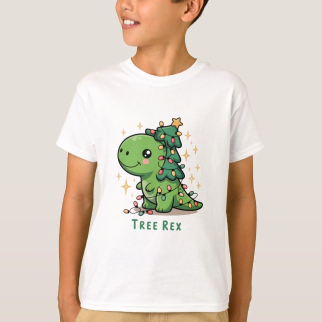Jul Dinosaur Ljus Fest Rolig Träd Rex  T Shirt (Framsida)