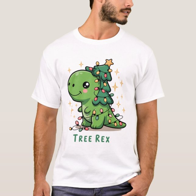 Jul Dinosaur Ljusfest Rollig Träd Rex  T Shirt (Framsida)