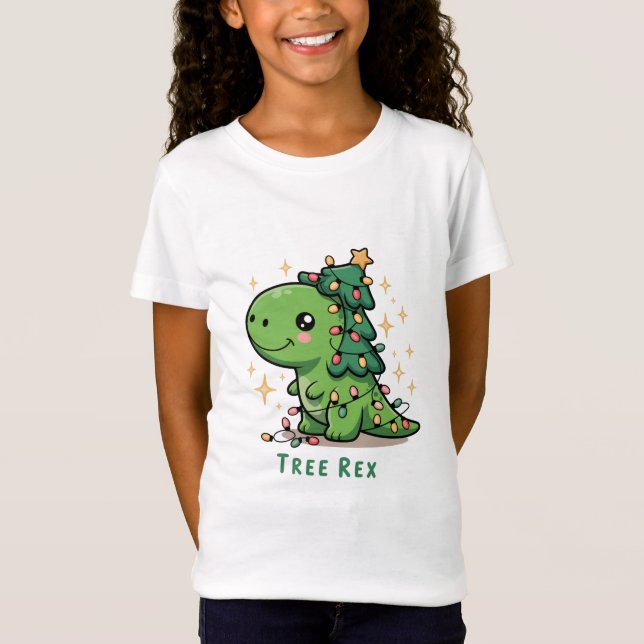 Jul Dinosaur Ljusfest Rollig Träd Rex  T Shirt (Framsida)