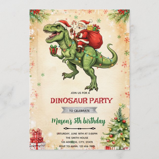 Jul-dinosaur och tomte-inbjudan inbjudningar (Framsida)