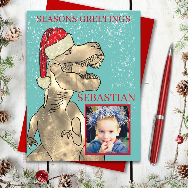 Jul Dinosaur Personlig Fotografi Helg Vykort (Christmas dinosaur personalized photo seasons greetings postcard)