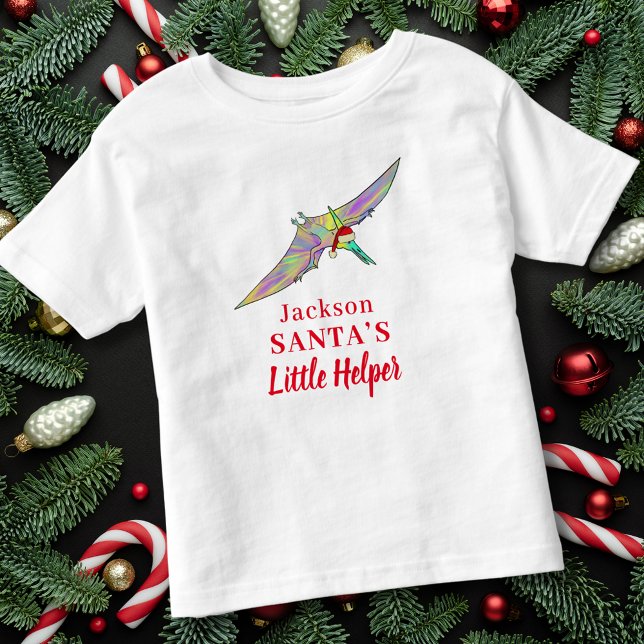 Jul Dinosaur Personlig Pojknamn T Shirt (Christmas dinosaur personalized kid name Santas little helper quote Pterodactyl flying festive dino )