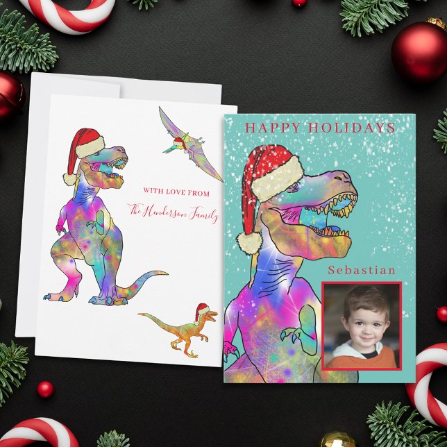 Jul Dinosaur Pojkar Foto Julkort (Christmas dinosaur custom photo family holiday greetings card)