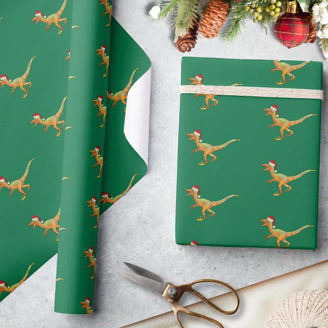 Jul Dinosaur Raptor Presentpapper (Christmas dinosaur velociraptor Santa pattern green wrapping paper Cute raptor dino pattern)