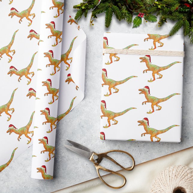 Jul Dinosaur Raptor Presentpapper (Christmas dinosaur velociraptor wearing a santa hat pattern holiday wrapping paper festive raptor )