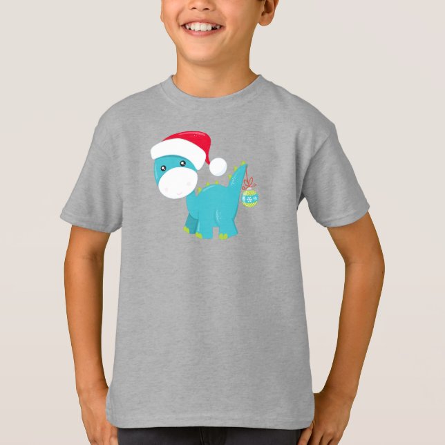 Jul Dinosaur, Santa Hat, Dino, Brontosaurus T Shirt (Framsida)