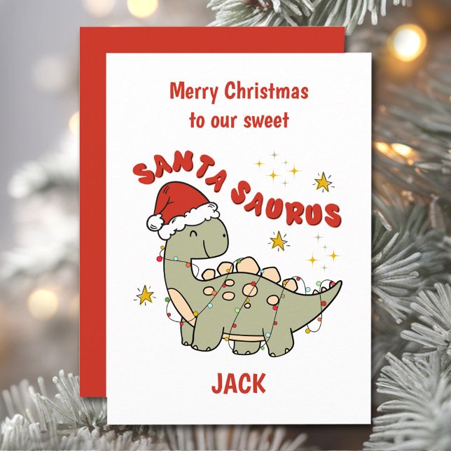 Jul Dinosaur Santasaurus Namn Boy Julkort (Christmas Dinosaur Santasaurus Name Boy Holiday Card)