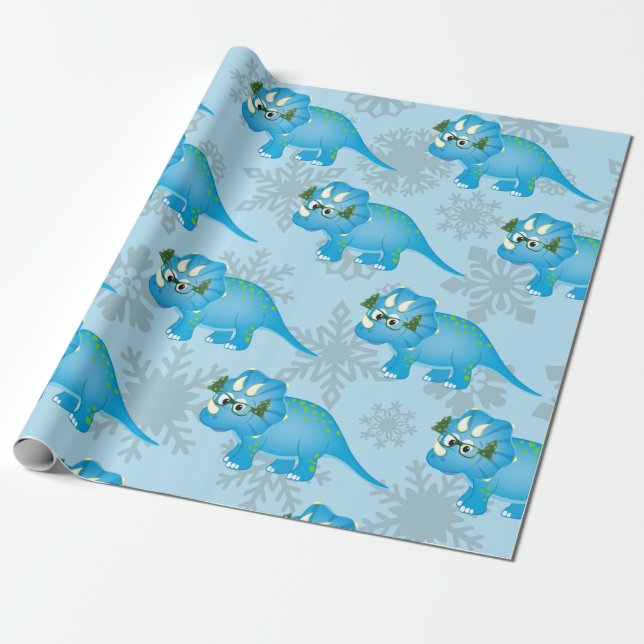 Jul Dinosaur Snöflingor Cute Blue Kids Presentpapper (Utrullad)