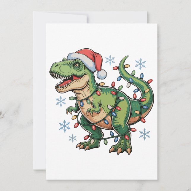 Jul Dinosaur T Rex God Jul Belysning Tomten Julkort (Framsida)