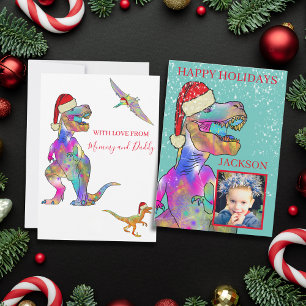 Jul-dinosaur T-Rex iklädd Santa-hatt Foto Julkort