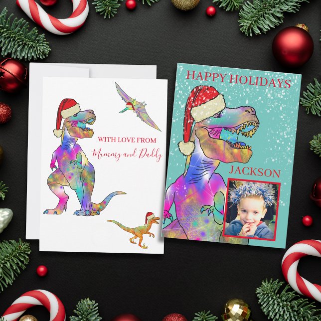 Jul-dinosaur T-Rex iklädd Santa-hatt Foto Julkort (Christmas dinosaur T-Rex wearing a Santa hat custom photo template holiday greetings card)