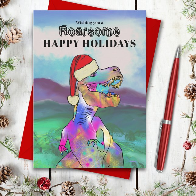 Jul Dinosaur T-Rex Julkort (Christmas dinosaur roarsome happy holidays greetings card with T-Rex wearing a Santa hat)