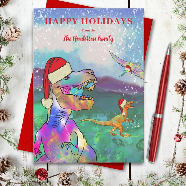 Jul Dinosaur T-Rex Santa Julkort (Christmas dinosaurs wearing santa hats in the snow custom holiday greetings card)