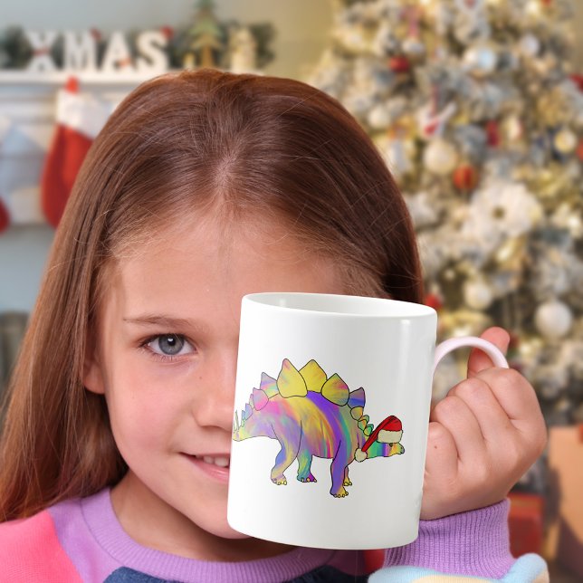 Jul Dinosaur Wearing a Santa Hat Kaffemugg (Christmas dinosaur mug cute dinosaur wearing a Santa hat colorful stegosaurus watercolor )