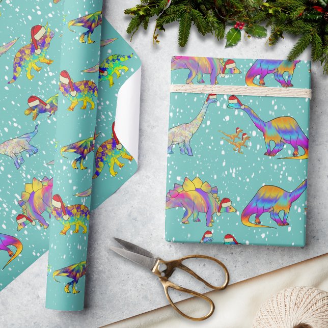 Jul Dinosaurier i Tomtehattar Presentpapper (Christmas dinosaurs in Santa hats in the snow pattern fun holiday wrapping paper for dino lovers)
