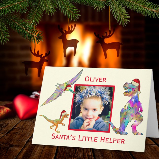 Jul Dinosaurier Lägg till foto Kort (Christmas dinosaurs T-Rex Velociraptor & Pterodactyl wearing Santa hats photo holiday greetings card)