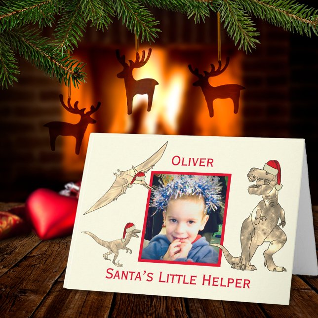 Jul Dinosaurier T Rex Pterodactyl Velociraptor Kort (Christmas dinosaurs wearing Santa hats photo template custom holiday greetings folded card)