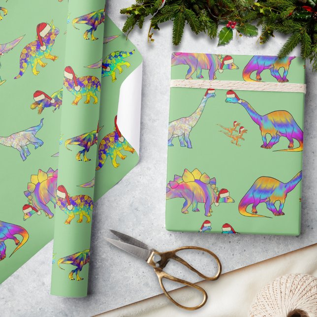Jul Dinosaurs Wearing Santa Hats Mönster Presentpapper (Colorful Christmas dinosaurs wearing santa hats holiday wrapping paper)