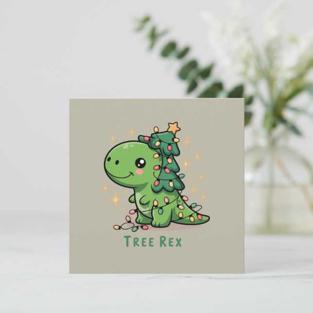 Jul-dinosaurus-ljus-fest-rolig-träd-Rex  Julkort (Stående Fram)