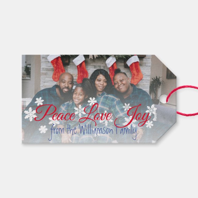 Jul Ditt fotopro Peace Kärlek Joy Red-skript Presentetikett (Framsidan (Horisontell))