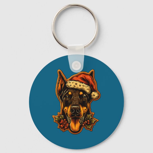 Jul Dobermann Hund Med Tomte Hatt Gingerbread  Nyckelring (Framsida)
