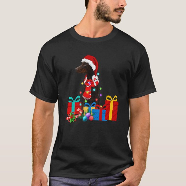 Jul Dobermann Hund Xmas Ljus Tomte Hatt Pyjamas T Shirt (Framsida)