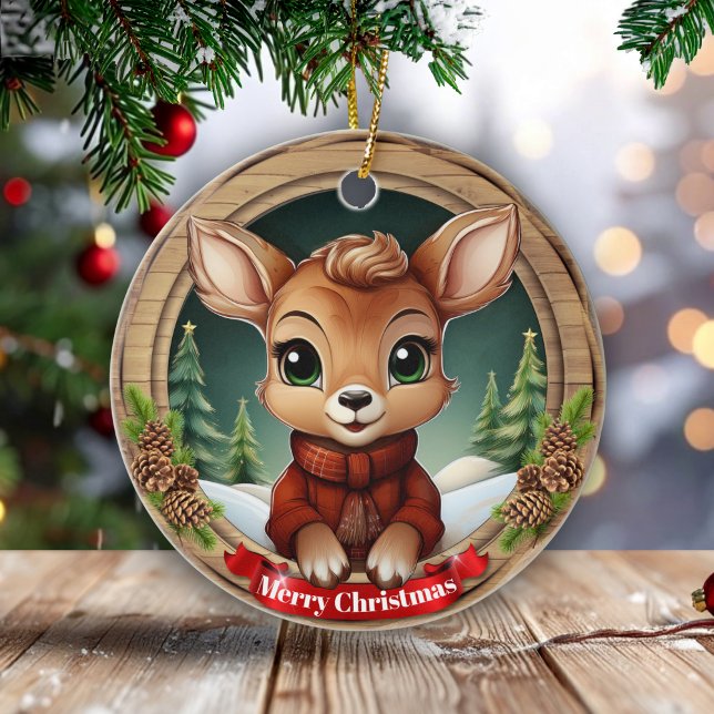 Jul Doe Festiv Högtidlig Trä Rustik Tall 🦌🎄 Julgransprydnad Keramik (Personalizable Xmas doe, festive holiday wooden rustic pine, pinecone winter Ceramic Ornament! 🦌🎄)
