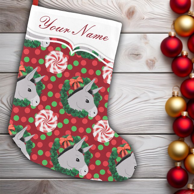 Jul Donkey Wandeand Candy Mönster Personlig Liten Julstrumpa (Christmas Donkey Wreath Candy Pattern Personalized Small Christmas Stocking)