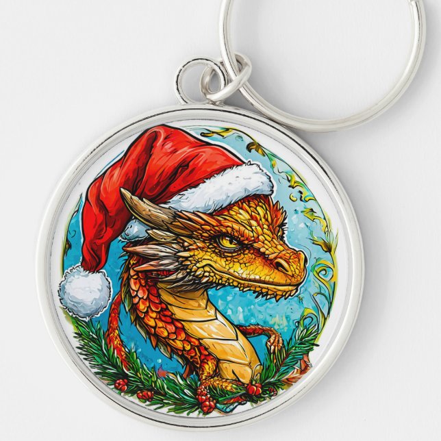 Jul-drake Rund Silverfärgad Nyckelring (Framsidan)