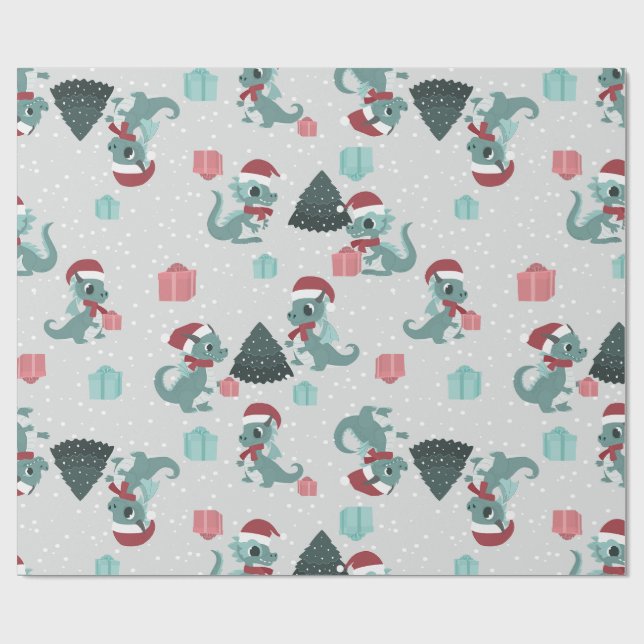 jul drakon tomte vinter snö söt jul presentpapper (Platt)