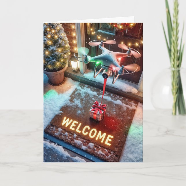 Jul Drone Levererar ett gift Helgkort (Framsida)