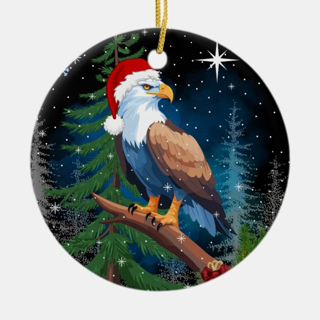 Jul Eagle Wearing Santa Hat Julgransprydnad Keramik (Framsidan)