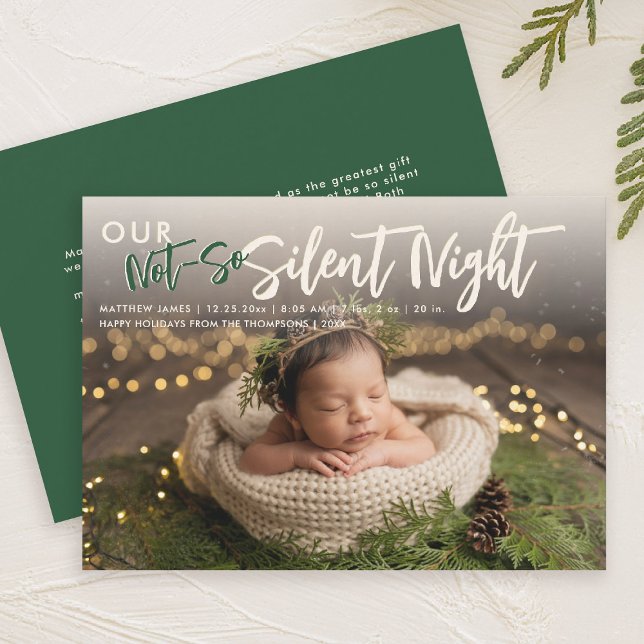 Jul - ej tyst nattfoto, Grönt från Baby Meddelande (christmas family card baby announcement not so silent night cute funny humorous green)