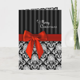 Jul, Elegant Black/White Mönster/Red Ribbon Kort
