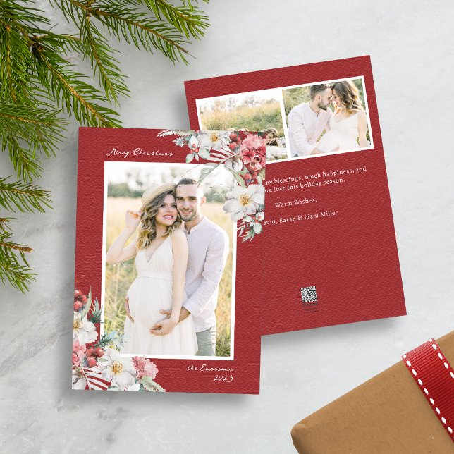 Jul Elegant Fotokollage Högtidskort Julkort (Red Merry Christmas Photo Collage Holiday Card with Elegant Watercolor Botanical Florals Berries)