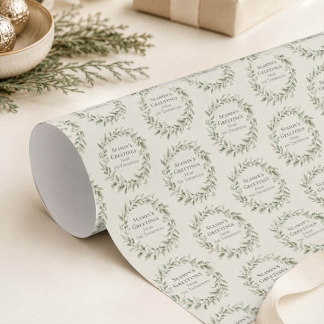 Jul Elegant grön lövkrans Beställningsvara Presentpapper (Personalized green wreath wrapping paper with an elegant vintage-inspired holiday style.)